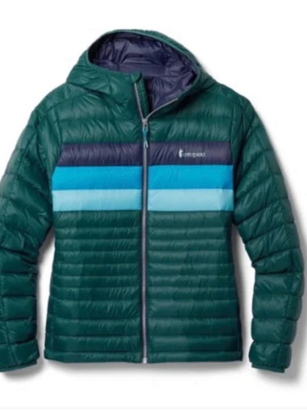 Cotopaxi Women's Teal Green Down Puffer Jacket with Navy and Blue Stripes